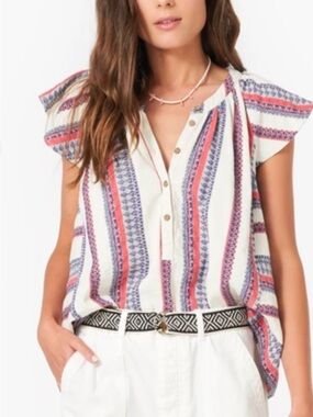 XiRENA Cali Emi Top Striped Flutter Sleeve White, Coral & Navy